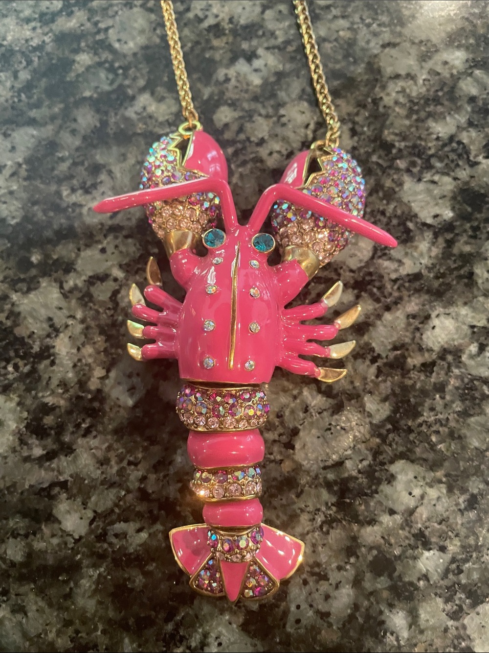 Betsey Johnson Pink Enamel Lobster Pendant Gold Chain Necklace - Picture 2 of 2